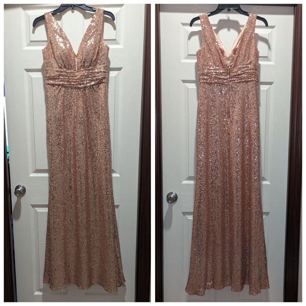 Old Hollywood‎ Glam Rose Gold Sequin Gown Formal Dress Christina Wu Size 8